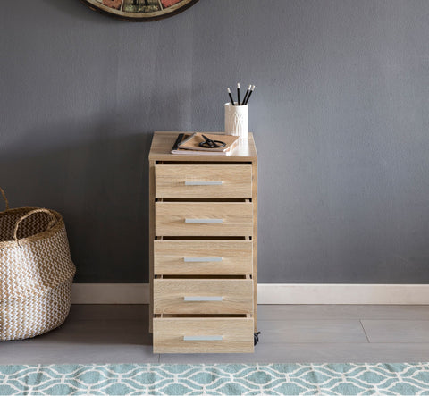 Rootz Roll Container - Sonoma - Wooden Drawer Cabinet for Desk - Office Cabinet with 5 Drawers - Small Stand Container with Rollers - 33 x 63 x 38 cm