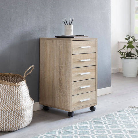 Rootz Roll Container - Sonoma - Wooden Drawer Cabinet for Desk - Office Cabinet with 5 Drawers - Small Stand Container with Rollers - 33 x 63 x 38 cm