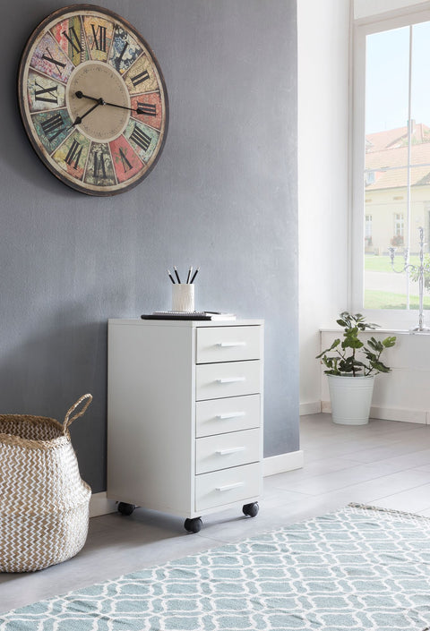 Rootz Roll Container - Wooden Drawer Cabinet for Desk - Office Cabinet with 5 Drawers - Small Stand Container with Rollers - White - 33 x 63 x 38 cm
