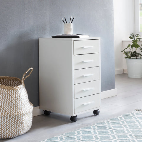 Rootz Roll Container - Wooden Drawer Cabinet for Desk - Office Cabinet with 5 Drawers - Small Stand Container with Rollers - White - 33 x 63 x 38 cm