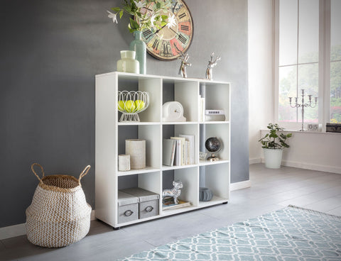 Rootz Bookcase - White - Modern Freestanding Wooden Shelf with 9 Compartments - Divider Cube Shelf for Open Storage - 108 x 104 x 29 cm