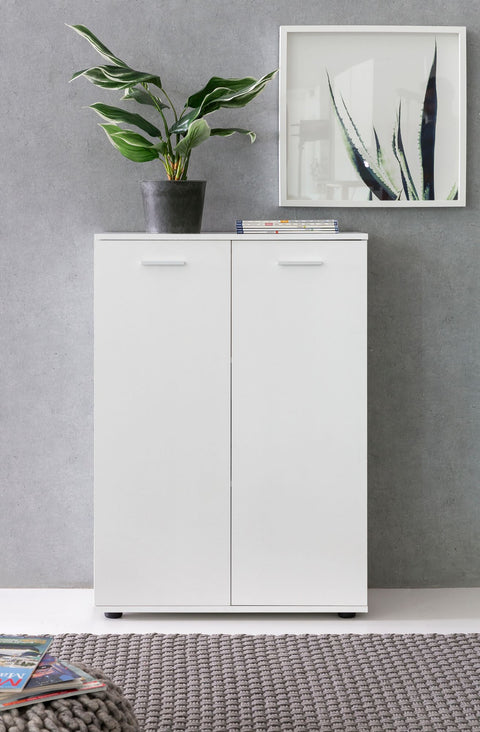 Rootz Chest of Drawers - White Wood 2-Door Cabinet - Modern Multi-Purpose Hall Cupboard - Small Matte Sideboard - 71x104x35cm