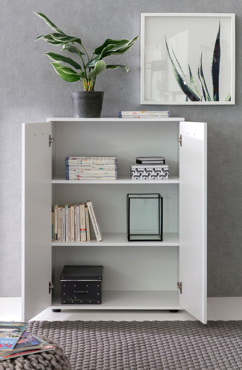 Rootz Chest of Drawers - White Wood 2-Door Cabinet - Modern Multi-Purpose Hall Cupboard - Small Matte Sideboard - 71x104x35cm