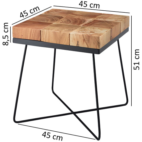 Rootz Side Table - Acacia Solid Wood with Metal Frame - Industrial Square Table Brown - Modern Living Room Table - 45x45x51cm