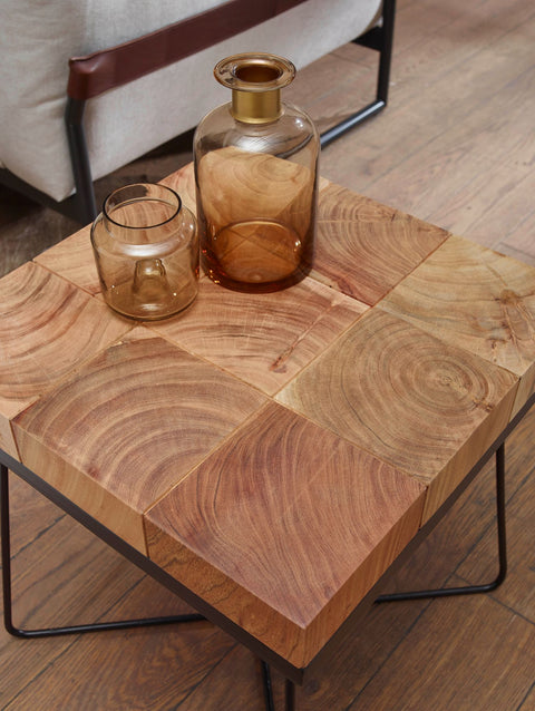 Rootz Side Table - Acacia Solid Wood with Metal Frame - Industrial Square Table Brown - Modern Living Room Table - 45x45x51cm