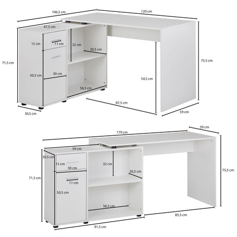 Rootz Corner Desk with Shelf - White Design - Modern Office Desk for Study and Home Office - 120x75.5x106.5cm