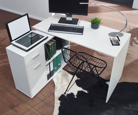 Rootz Corner Desk with Shelf - White Design - Modern Office Desk for Study and Home Office - 120x75.5x106.5cm