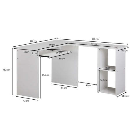 Rootz Desk - White Design - Study Room and Home Office Table with Shelf - 140x75.5x120cm