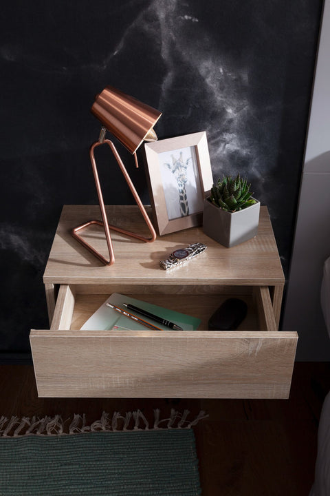 Rootz Wall-Mounted Bedside Table - Sonoma Wood - Drawer Wall Shelf - Floating Bedside Cabinet for Box Spring Bed - Hanging Wall Console - 46x15x30cm