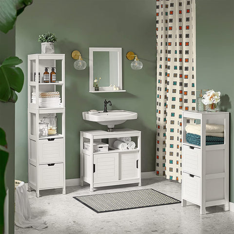 Rootz White Floor Standing Bathroom Storage Cabinet Unit with 1 Shelf and 2 Drawers