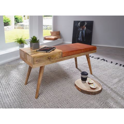 Rootz Bank - Gang bench - Drawer - Solid Wood - Mango Wood - Goatskin - Brown - 100 x 38 x 52 cm
