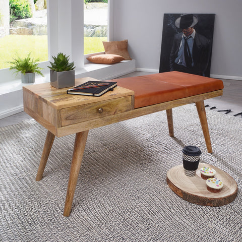 Rootz Bank - Gang bench - Drawer - Solid Wood - Mango Wood - Goatskin - Brown - 100 x 38 x 52 cm