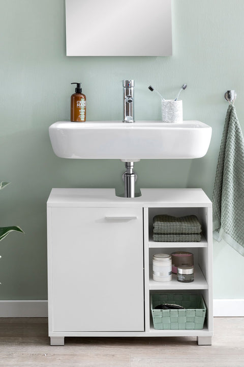 Rootz Bathroom Cabinet - Wood Base Cabinet with Door - Vanity Unit with Storage Compartments - Bathroom Furniture with Shelf - White - 60x55x32cm