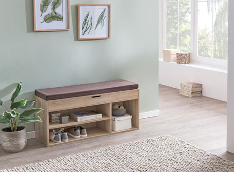 Rootz Wood Bench - Sonoma - Upholstered Seat Wardrobe Bench - Narrow Hallway Storage Bench - Shoe Storage Chest Bench - 104x51x32 cm