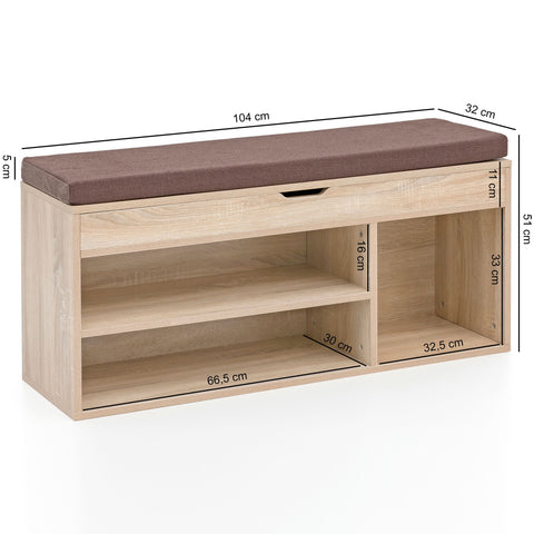 Rootz Wood Bench - Sonoma - Upholstered Seat Wardrobe Bench - Narrow Hallway Storage Bench - Shoe Storage Chest Bench - 104x51x32 cm