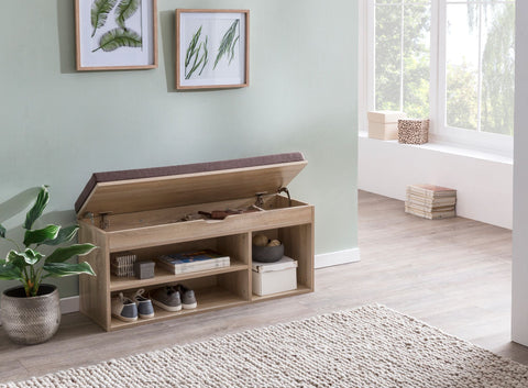 Rootz Wood Bench - Sonoma - Upholstered Seat Wardrobe Bench - Narrow Hallway Storage Bench - Shoe Storage Chest Bench - 104x51x32 cm