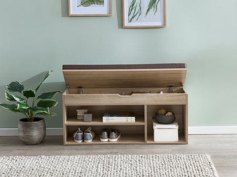 Rootz Wood Bench - Sonoma - Upholstered Seat Wardrobe Bench - Narrow Hallway Storage Bench - Shoe Storage Chest Bench - 104x51x32 cm