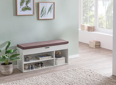 Rootz Wood Bench - Upholstered Seat Wardrobe Bench - Narrow Hallway Storage Bench - Shoe Storage Chest Bench - White - 104x51x32 cm