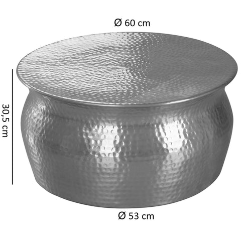Rootz Coffee Table - Silver Aluminum Side Table - Oriental Round Coffee Table - Hammered Metal Living Room Table - Modern Indian Style Lounge Table - 60x30.5x60cm