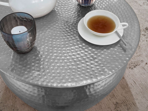 Rootz Coffee Table - Silver Aluminum Side Table - Oriental Round Coffee Table - Hammered Metal Living Room Table - Modern Indian Style Lounge Table - 60x30.5x60cm
