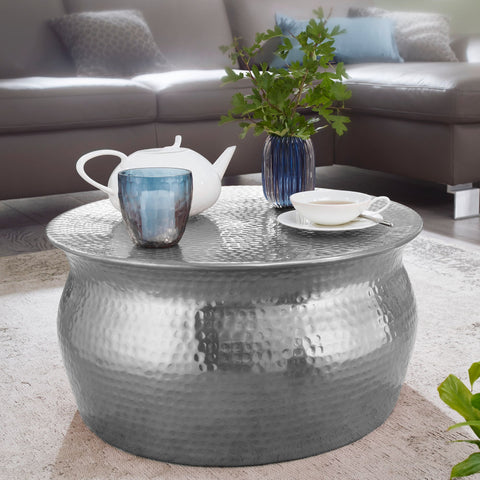 Rootz Coffee Table - Silver Aluminum Side Table - Oriental Round Coffee Table - Hammered Metal Living Room Table - Modern Indian Style Lounge Table - 60x30.5x60cm