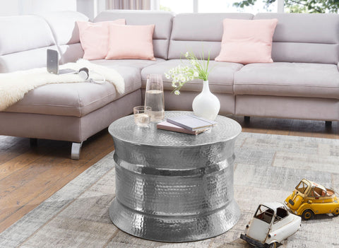 Rootz Coffee Table - Silver Aluminum - Oriental Round Side Table - Flat Hammered Metal Coffee Table - Modern Design Living Room Table - Indian Lounge Stub Table Small - 62x41x62cm