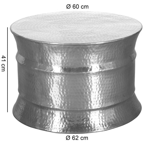 Rootz Coffee Table - Silver Aluminum - Oriental Round Side Table - Flat Hammered Metal Coffee Table - Modern Design Living Room Table - Indian Lounge Stub Table Small - 62x41x62cm