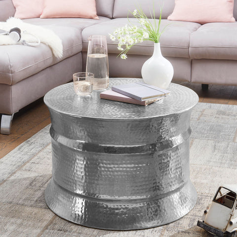 Rootz Coffee Table - Silver Aluminum - Oriental Round Side Table - Flat Hammered Metal Coffee Table - Modern Design Living Room Table - Indian Lounge Stub Table Small - 62x41x62cm
