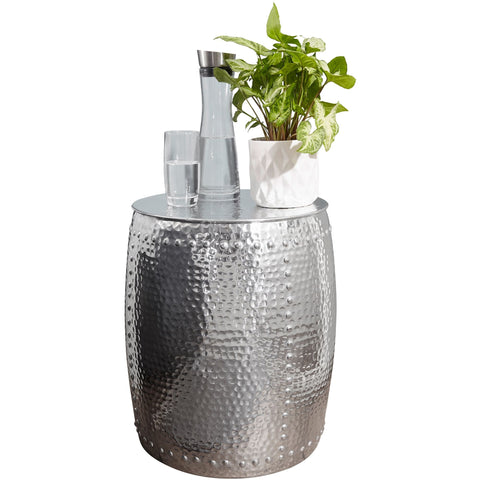 Rootz Side Table - Silver Aluminum - Oriental Round Table - Small Hammered Accent Table - Modern Metal Designer Filing Table - Narrow Table - 42x49x42cm