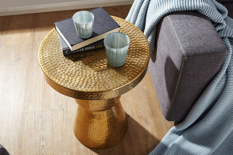 Rootz Side Table - Gold Aluminum Design - Oriental Round Decoration Table - Modern Metal Designer Filing Table - Small Hammered Accent Table - 43x59x43cm