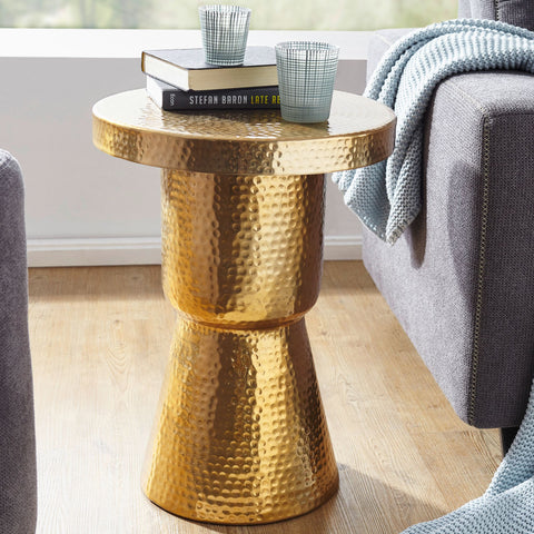 Rootz Side Table - Gold Aluminum Design - Oriental Round Decoration Table - Modern Metal Designer Filing Table - Small Hammered Accent Table - 43x59x43cm