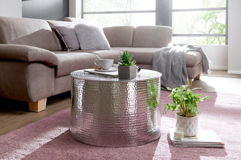 Rootz Side Table - Oriental Round Silver - Aluminum - Flat Hammered Metal Coffee Table - Modern Design Living Room Table - Small Indian Lounge Table - 61x40.5x61cm