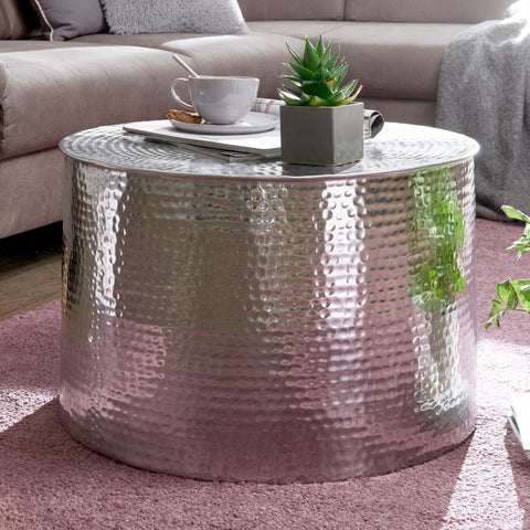 Rootz Side Table - Oriental Round Silver - Aluminum - Flat Hammered Metal Coffee Table - Modern Design Living Room Table - Small Indian Lounge Table - 61x40.5x61cm