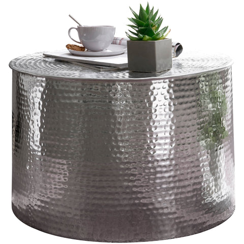 Rootz Side Table - Oriental Round Silver - Aluminum - Flat Hammered Metal Coffee Table - Modern Design Living Room Table - Small Indian Lounge Table - 61x40.5x61cm
