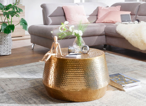 Rootz Coffee Table - Oriental Round Gold - Aluminum - Flat Hammered Metal Coffee Table - Modern Design Living Room Table - Small Indian Lounge Table - 60x36x60cm