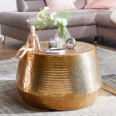 Rootz Coffee Table - Oriental Round Gold - Aluminum - Flat Hammered Metal Coffee Table - Modern Design Living Room Table - Small Indian Lounge Table - 60x36x60cm