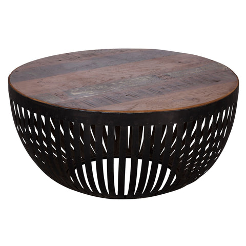 Rootz Coffee Table - Wood & Metal - Industrial Living Room Table - Wire Basket Table - Round Design Lounge Table - 70x33x70cm