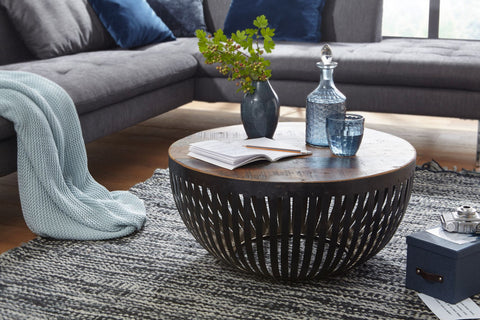 Rootz Coffee Table - Wood & Metal - Industrial Living Room Table - Wire Basket Table - Round Design Lounge Table - 70x33x70cm