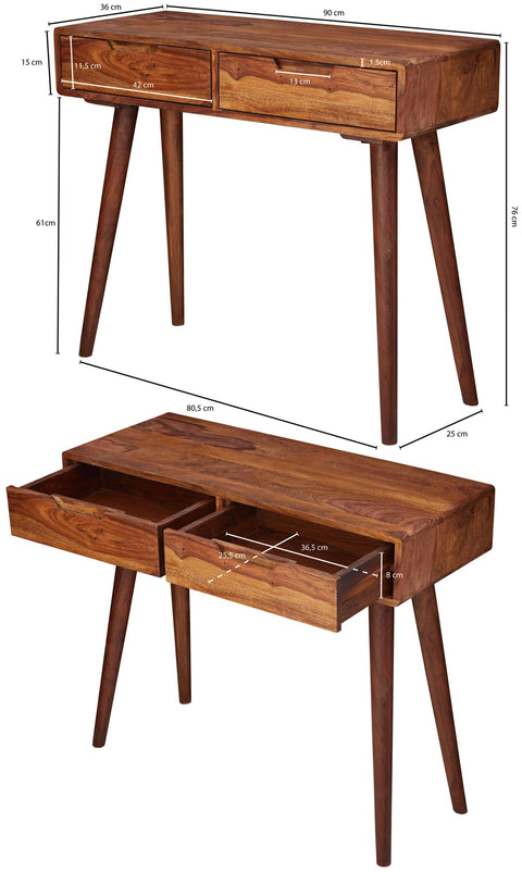 Rootz Console Table - Sheesham Wood with Drawers - Design Solid Wood Sideboard - Small Country House Desk - Natural Flur Table - 90x76x36cm