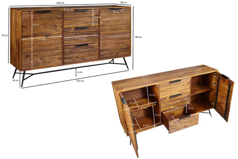 Rootz Sideboard - Sheesham Wood Design - Doors & Drawers - Industrial Style -  Solid Wood Cabinet - 160x40x88cm