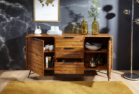 Rootz Sideboard - Sheesham Wood Design - Doors & Drawers - Industrial Style -  Solid Wood Cabinet - 160x40x88cm