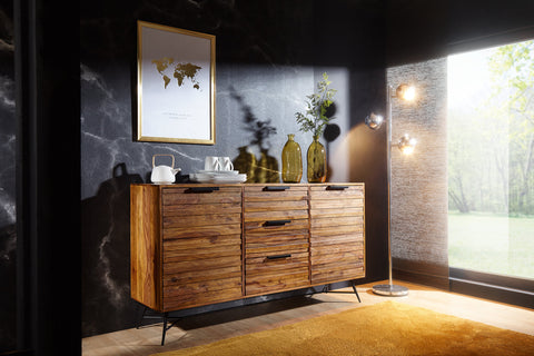 Rootz Sideboard - Sheesham Wood Design - Doors & Drawers - Industrial Style -  Solid Wood Cabinet - 160x40x88cm
