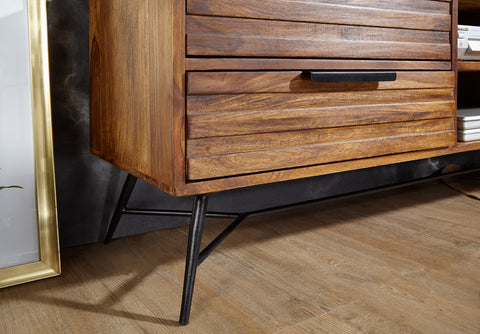 Rootz TV Chest - Lowboard - Sheesham Wood - Design Hi-Fi Board with Storage and Drawers - Industrial TV Chest - 160x54x40cm