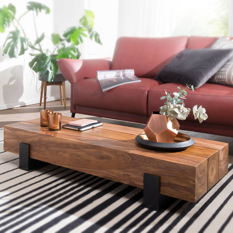 Rootz Coffee Table - Sheesham Wood - Metal Sofa Table - Modern Design in Brown and Black - 115x22x44cm