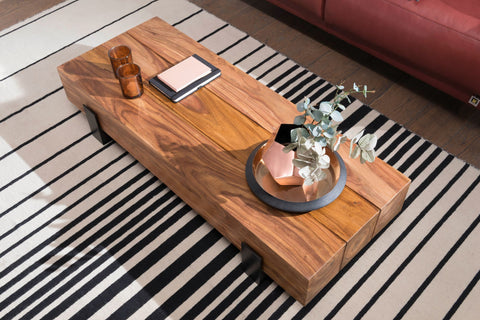 Rootz Coffee Table - Sheesham Wood - Metal Sofa Table - Modern Design in Brown and Black - 115x22x44cm