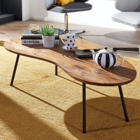 Rootz Coffee Table - Sheesham Wood - Black Metal Legs - Kidney Shape - Modern Design - 122x36x63cm