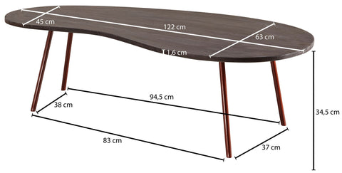 Rootz Coffee Table -  Acacia Wood - Copper Metal Legs - Kidney Shape - Modern Design - 122x34.5x63cm