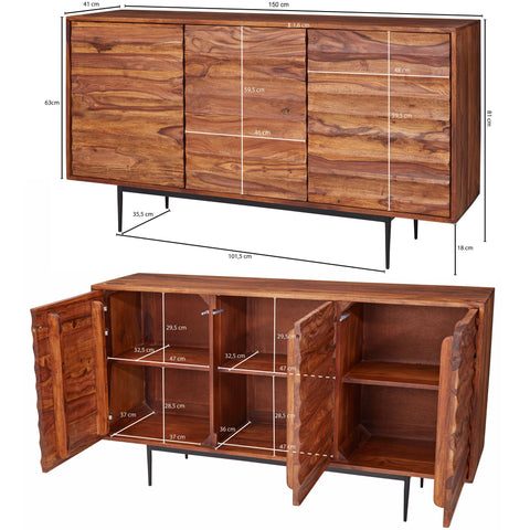 Rootz Sideboard - Sheesham Wood - Rustic Chest of Drawers - Large Design with 3 Doors - 150x81x41cm