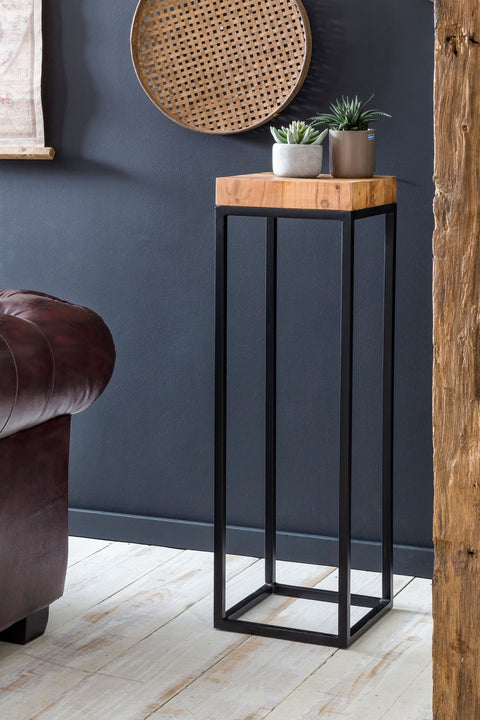 Rootz Side Table - Acacia Wood - High Metal Side Table in Industrial Style - 30x97x30cm
