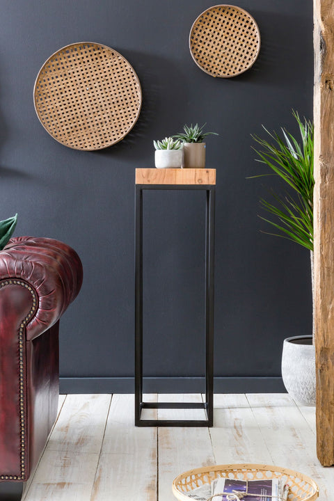 Rootz Side Table - Acacia Wood - High Metal Side Table in Industrial Style - 30x97x30cm